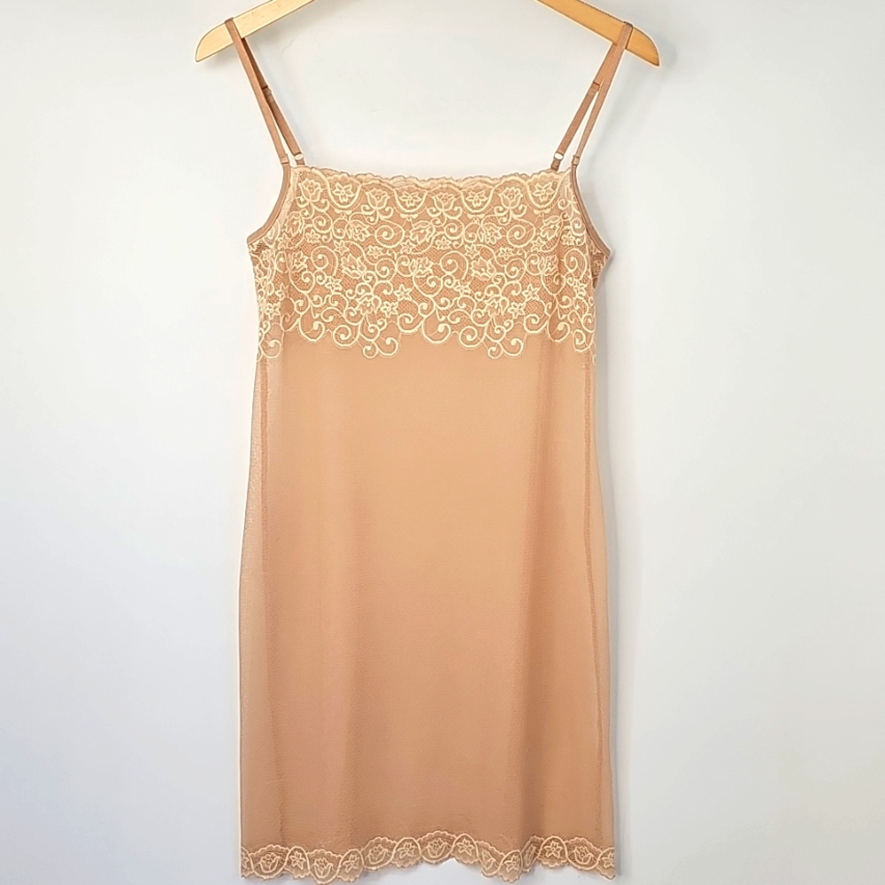 Sheer Mesh Nude-toned Mini Slip Adjustable‎ Straps Floral Embroidered Accents